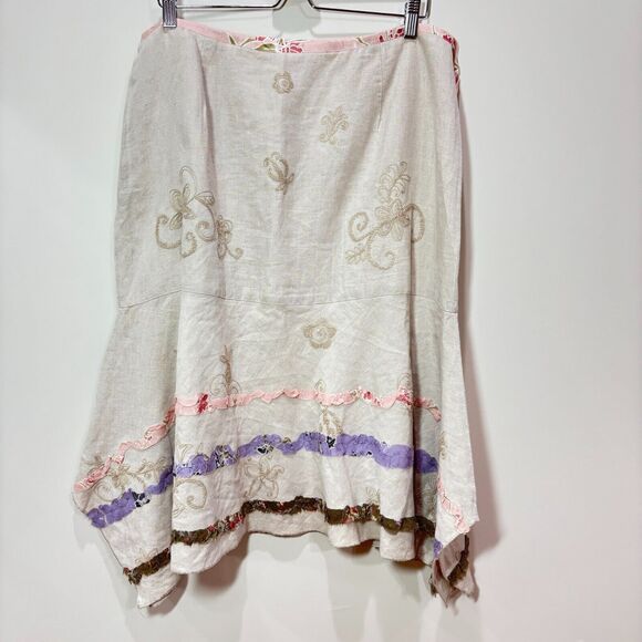 J Jill Linen Tan Skirt 18 Floral Embroidery 3D Ribbon Hanky Hem Cottagecore Boho - Picture 7 of 12